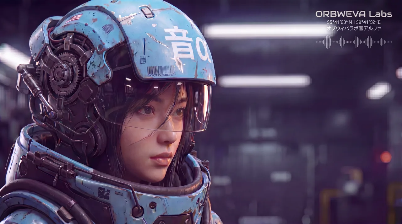 Mecha pilot in a sky-cyan helmet carrying the 音α mark as a unit decal. ORBWEVA Labs HUD displays Tokyo coordinates 35°41′23″N 139°41′32″E and オブウィバラボ音アルファ on the visor.